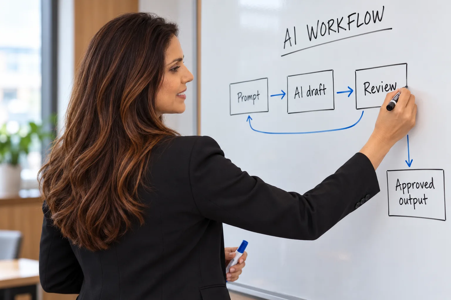 Illustration of an AI workflow drawn on a whiteboard